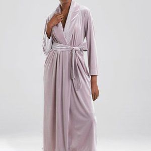 Natori Natalie Velvet Velour Robe Purple Dove Lilac Wrap Pockets LS S $150 EUC!